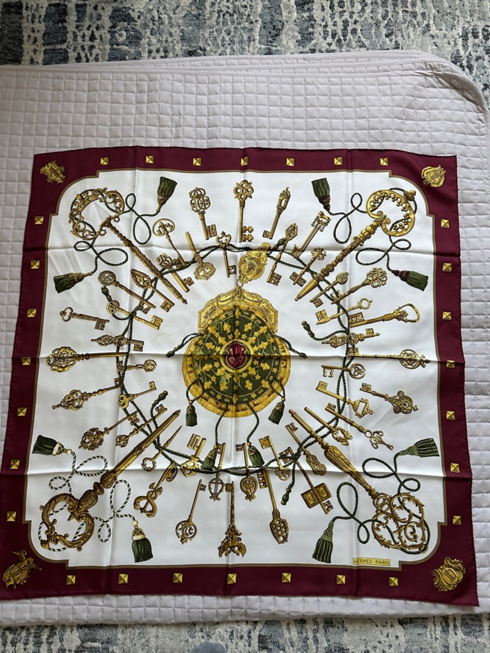 Hermes Burgundy, Gold & Green Key Medallion Vintage Scarf
